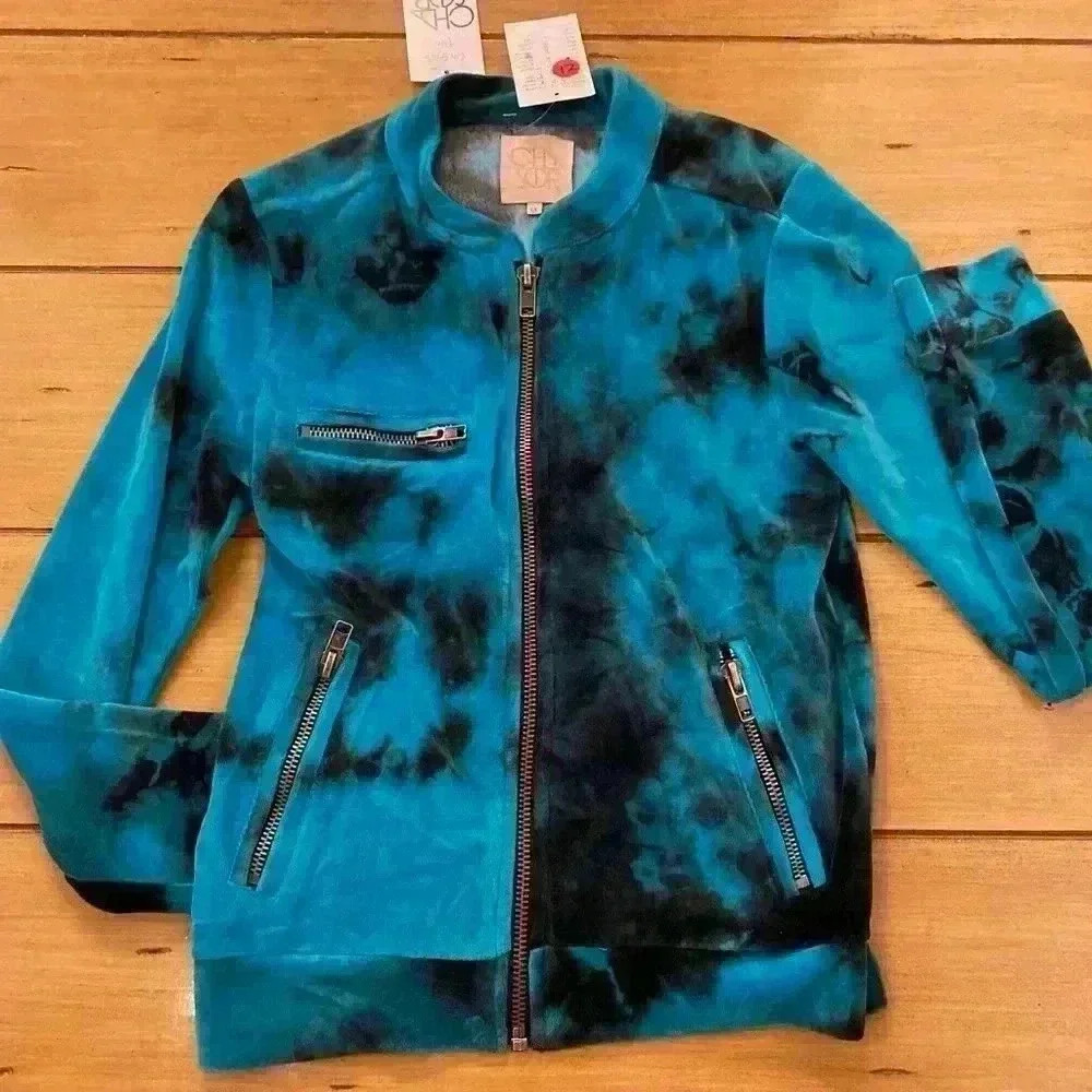 Chaser Women's Velour Track Jacket Full Zip Tie Dye Blue S-M NEW - Picture 2 of 12